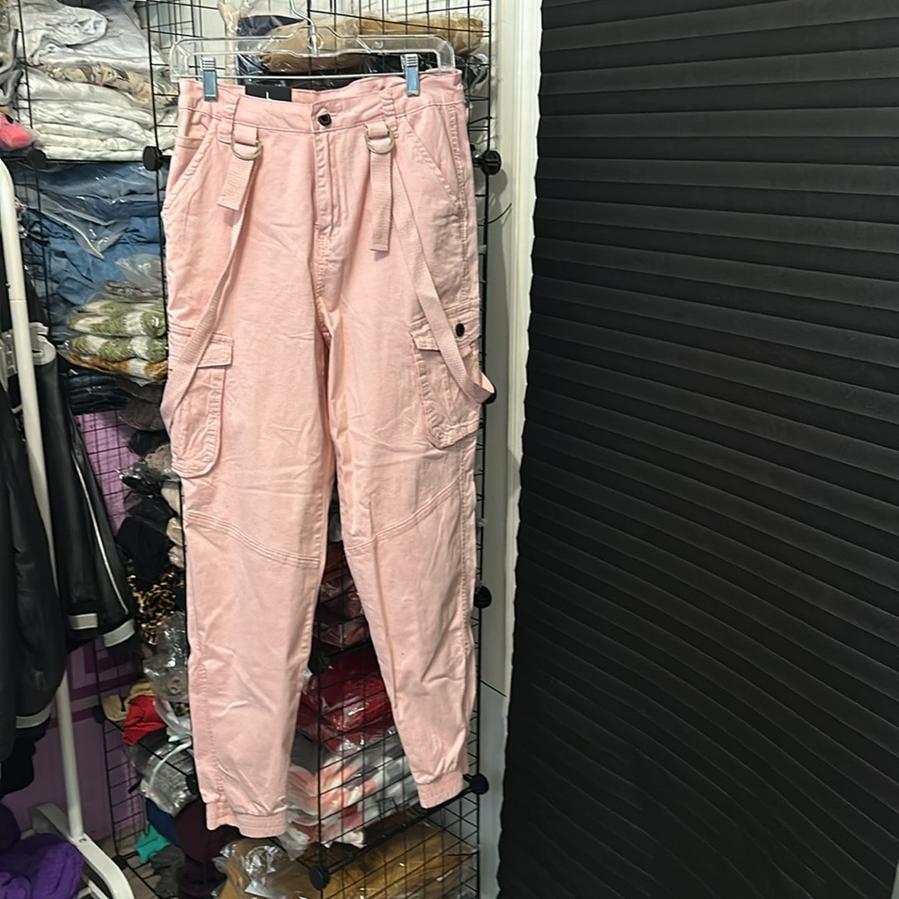 Pink cargo joggers with ties.